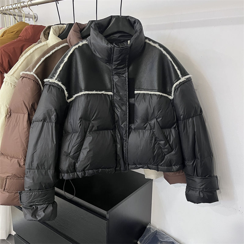 韩系拼接轻薄羽绒服女短款2023冬季新款高腰小个子立领面包服外套