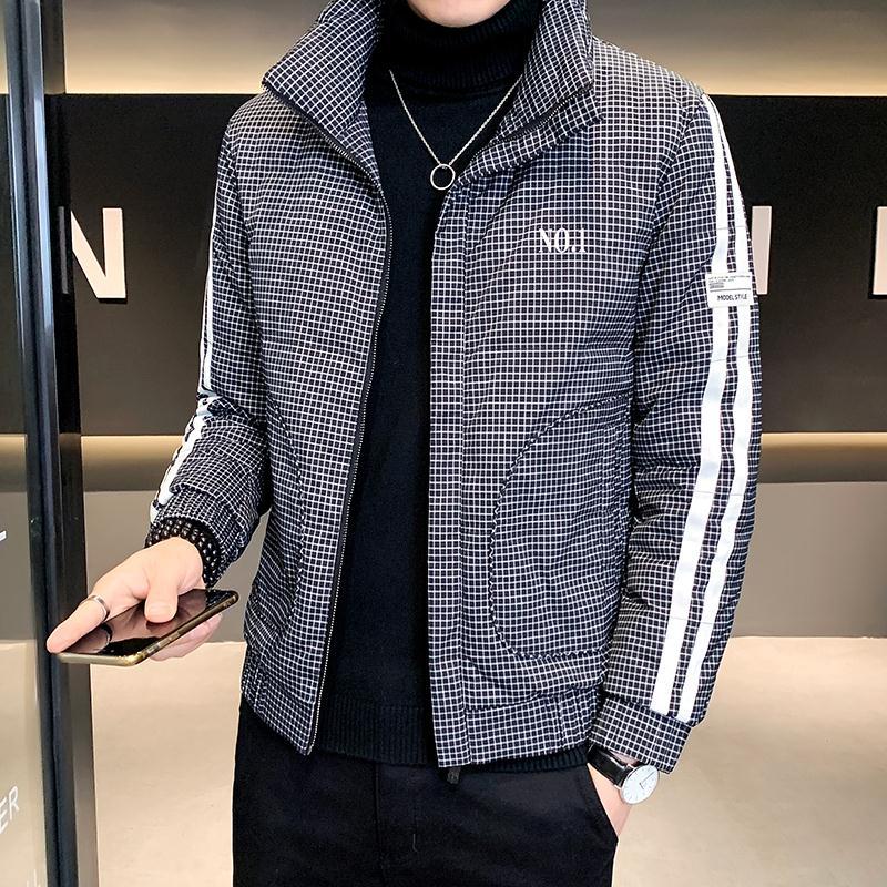 羽绒服男2023年新款潮流修身帅气立领格子轻薄冬季加厚保暖外套男