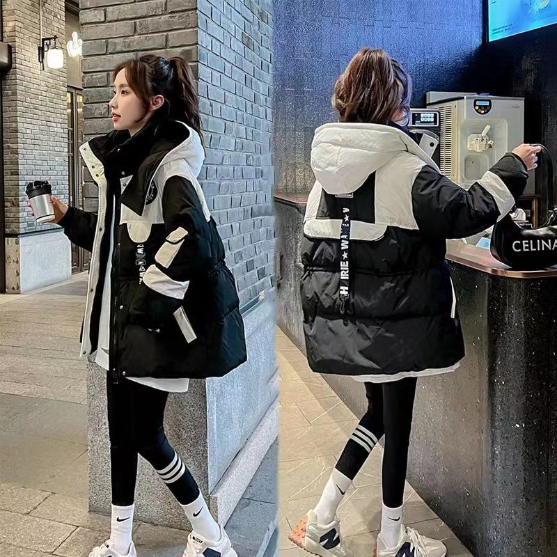 黑色中长款派克羽绒衣棉服女2023冬季新款小个子宽松显瘦连帽棉衣