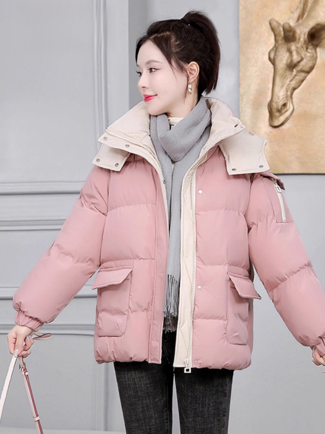 AIOV羽绒棉衣2023韩版面包服冬季修身棉服女ins连帽加厚棉袄外套