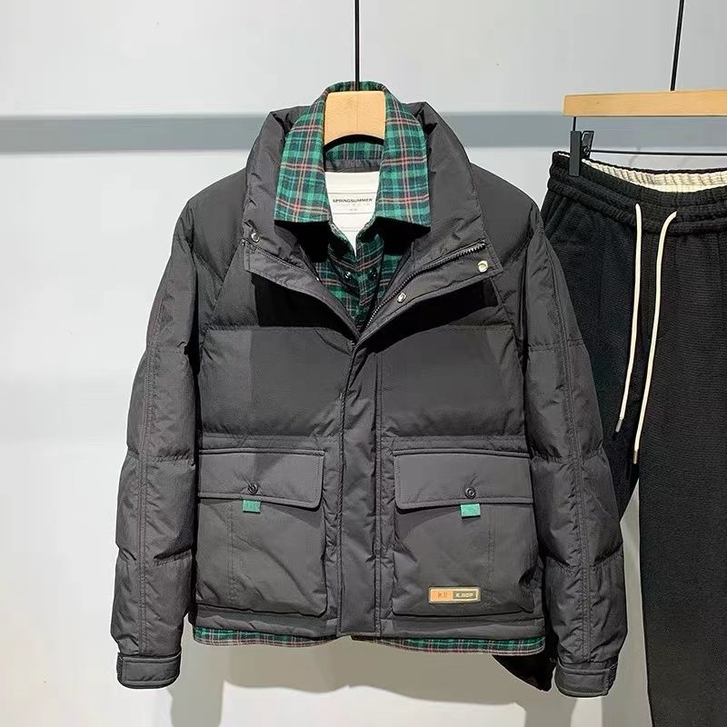 高端工装衬衫拼接翻领羽绒服男冬季潮流宽松休闲假两件设计羽绒衣