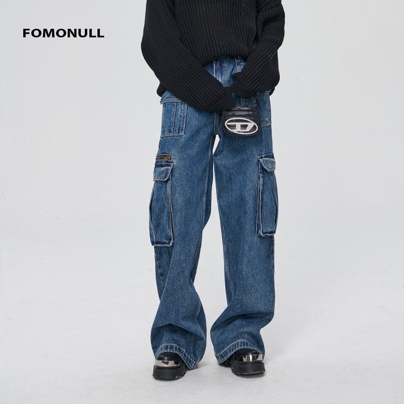 fomonull宽松高街直筒牛仔裤返潮复古工装裤做旧直筒牛仔裤休闲