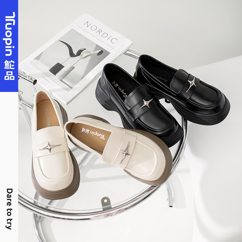 鮀品厚底小皮鞋女2024年春秋季百搭松糕乐福鞋JK鞋高跟玛丽珍鞋子