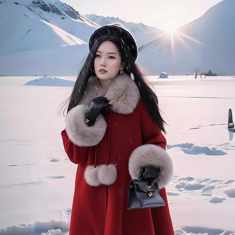 红色大毛领时尚毛毛袖毛呢大衣2024新款反季时尚斗篷型呢子外套女