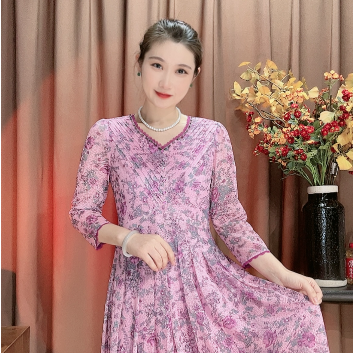 D 1362# 优雅气质妈妈装碎花显瘦长袖洋气时尚百搭中长款修身收腰