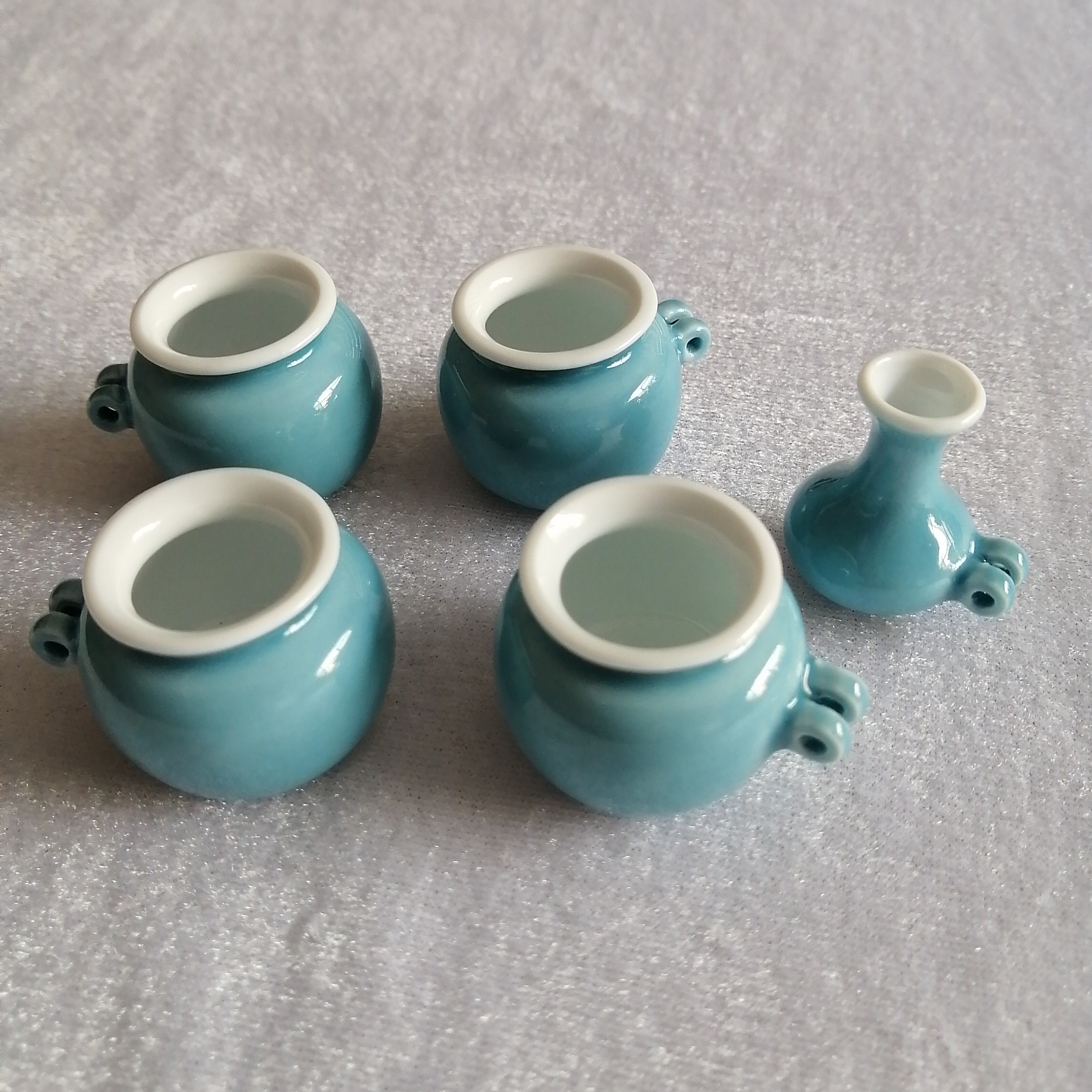 景德镇民德堂单色釉天兰五件套绣眼红子鸟食罐鸟缸鸟用具喂食具