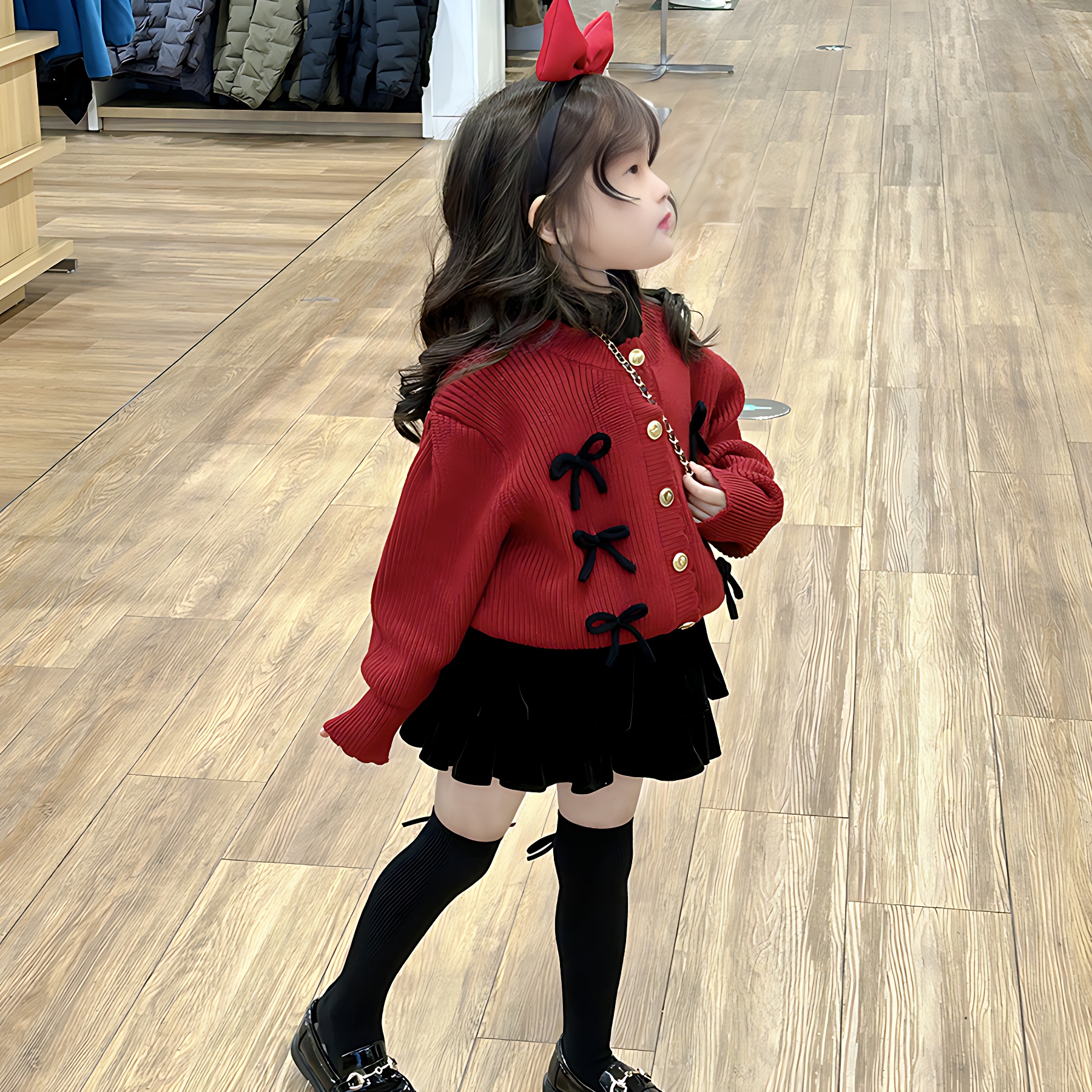 女童新年过年红色针织蝴蝶结毛衣开衫+丝绒半裙女宝洋气圣诞衣服