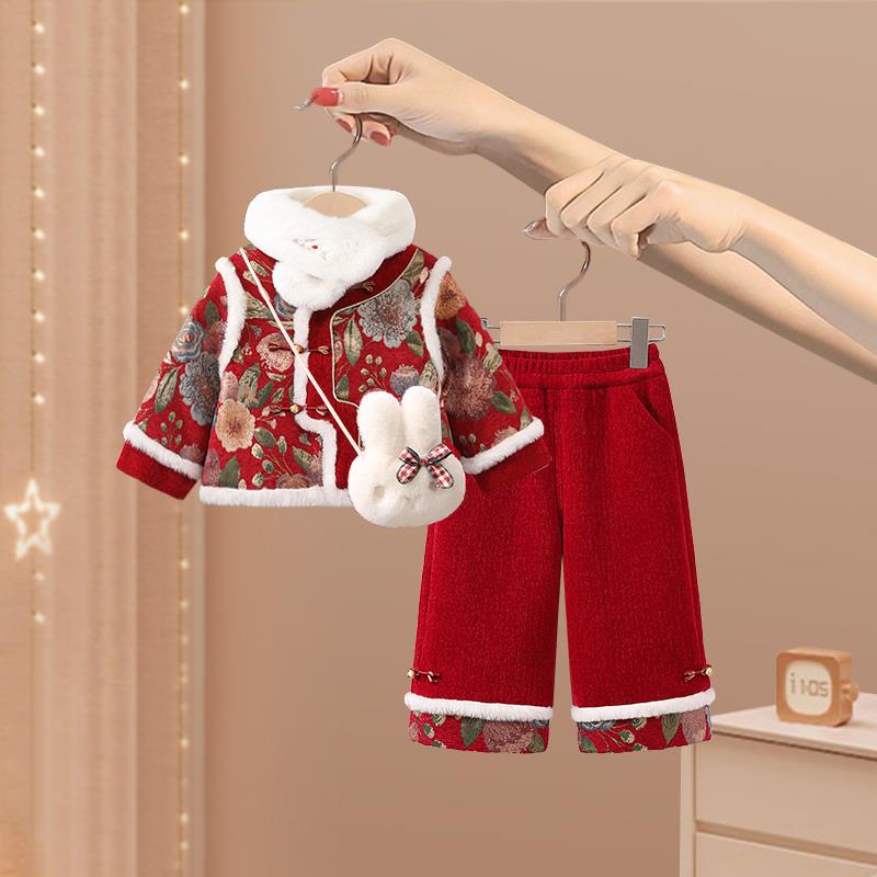 巴拉优选女童拜年服唐装宝宝周岁礼服汉服国风儿童东北大花棉袄过