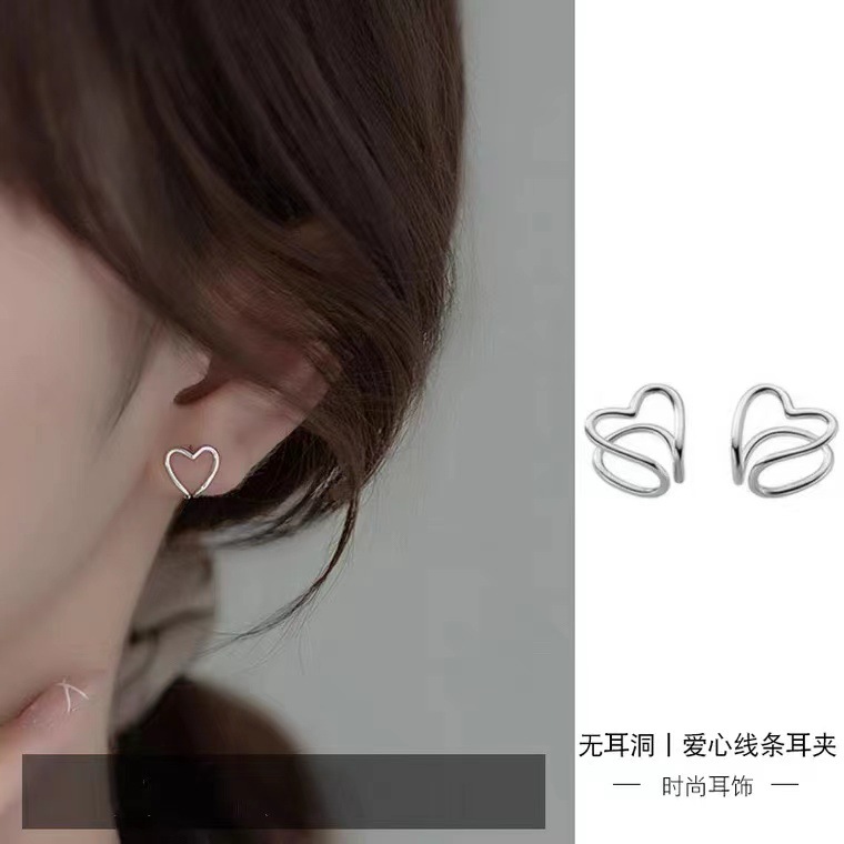 925银耳饰 【爱心线条耳夹】纯银传承日常通勤无痛耳夹无耳洞简约