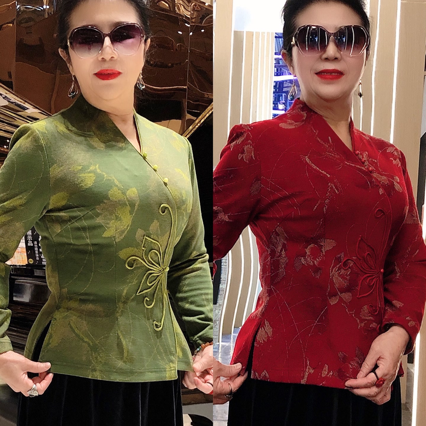 菲伊唐新中式绿荷花复古旗袍上衣网红时尚气质提花女士显瘦