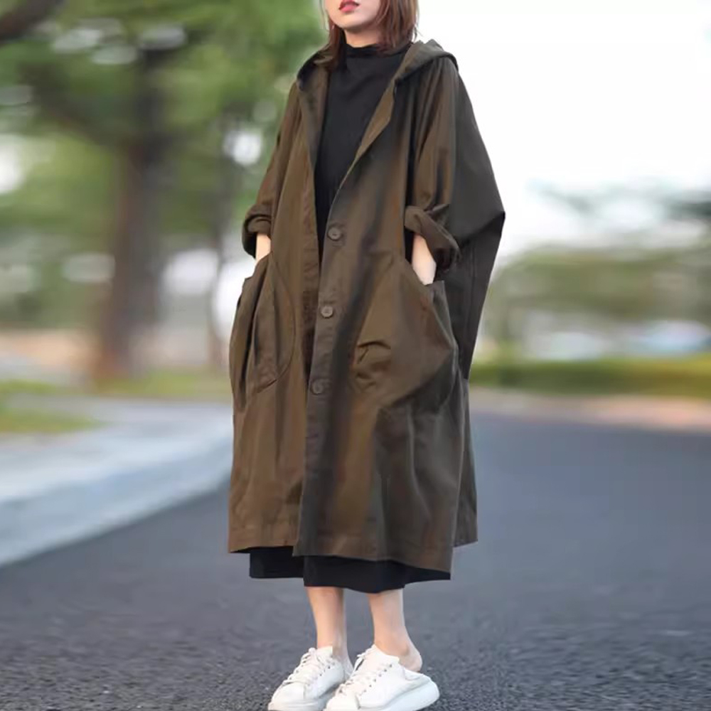 复古文艺宽松时尚连帽风衣外套女春秋新款中长款过膝开衫纯棉上衣