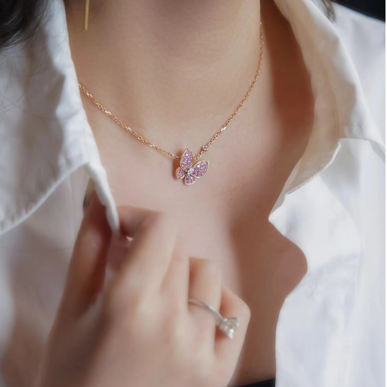 1724项链750黄金18K玫瑰金红宝石毛衣锁骨链