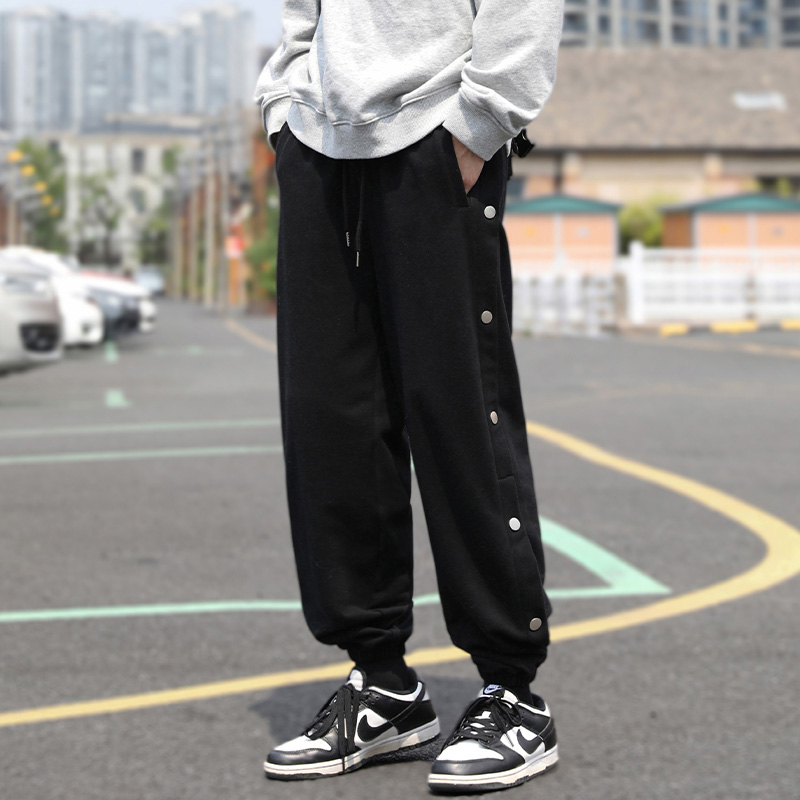 纯色排扣裤子男款秋冬季宽松潮牌爆款男士束脚卫裤美式运动休闲裤