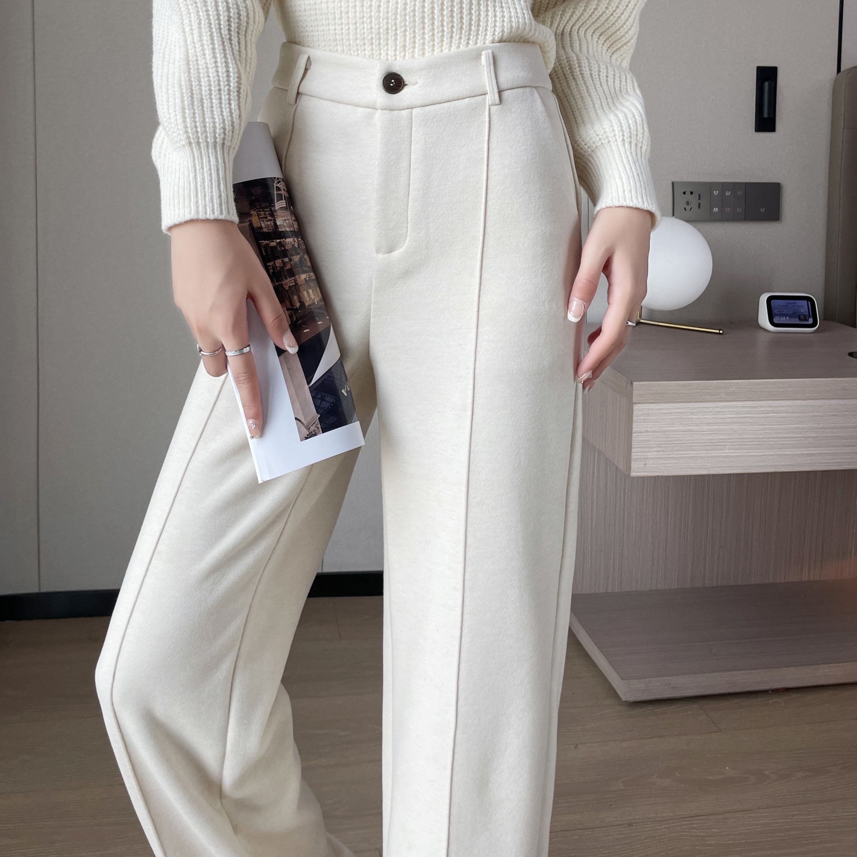 女裤爆款秋冬季通勤女款裤子宽松直筒裤高腰绵羊毛牡丹休闲裤