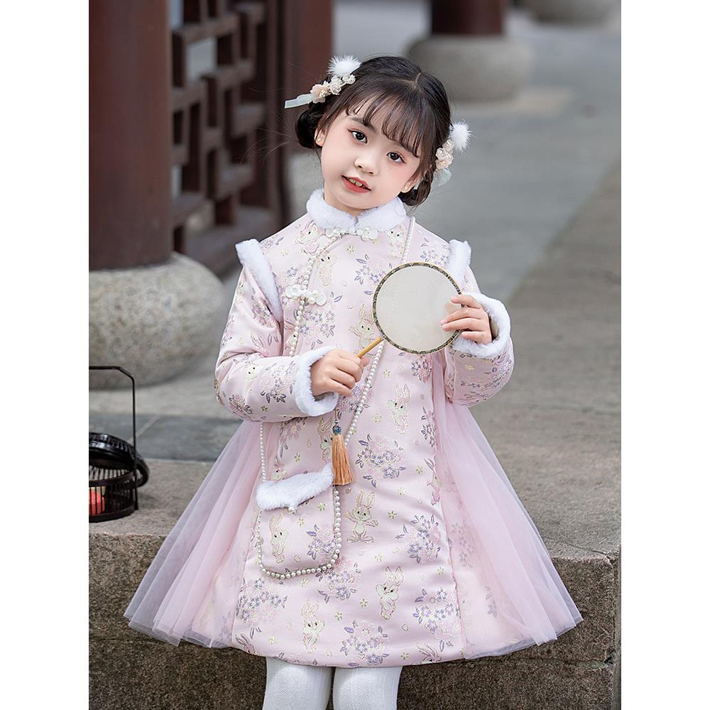 汉服女童秋冬款唐装加绒拜年服儿童新年服中国风女孩粉色旗袍裙子