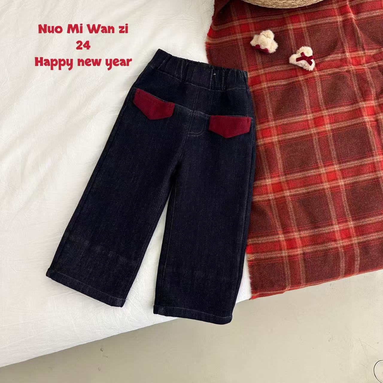 丸子十【现货】儿童韩系复古色加绒直筒牛仔裤（冬款）WZJ-(L)-4152