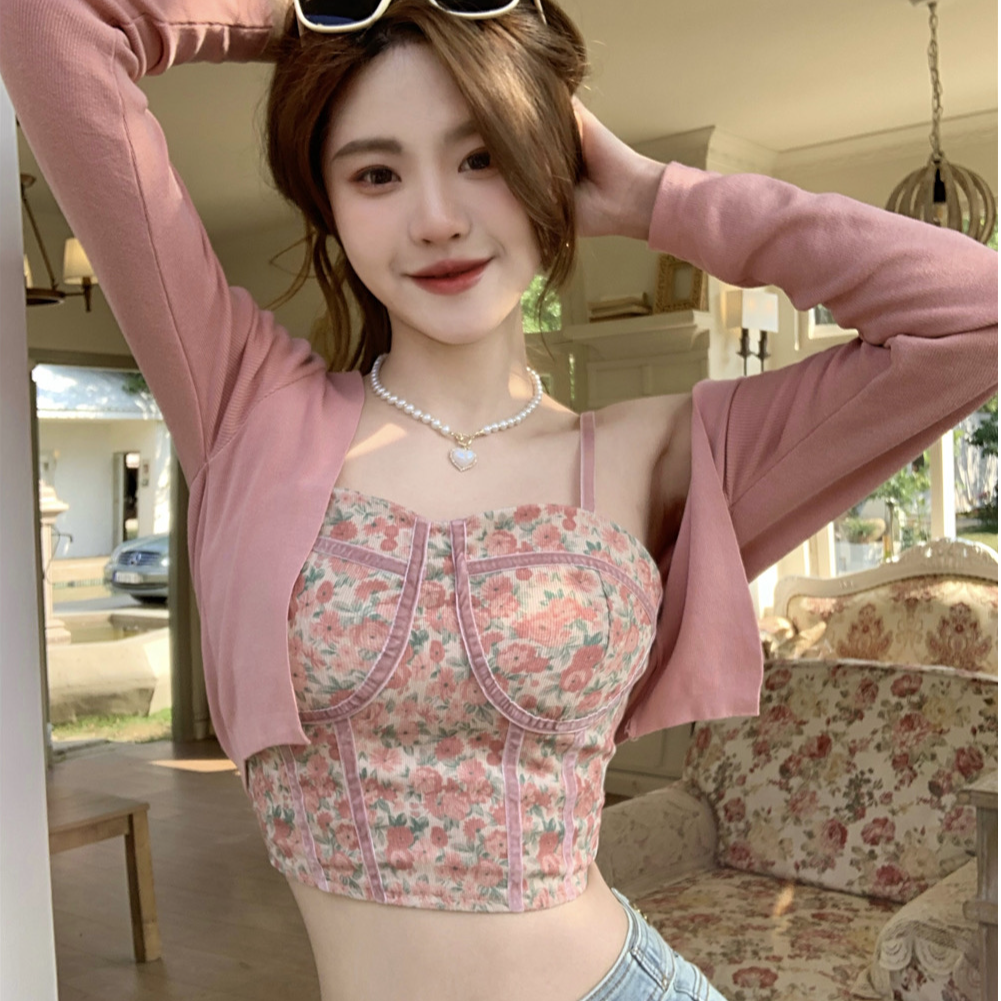 乔栈纯欲辣妹修身显瘦抹胸鱼骨小上衣春秋款独特别致碎花吊带开衫