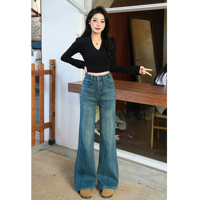 乔栈2025秋冬弹力微喇牛仔裤女高腰显瘦遮肉阔腿喇叭拖地裤女新款