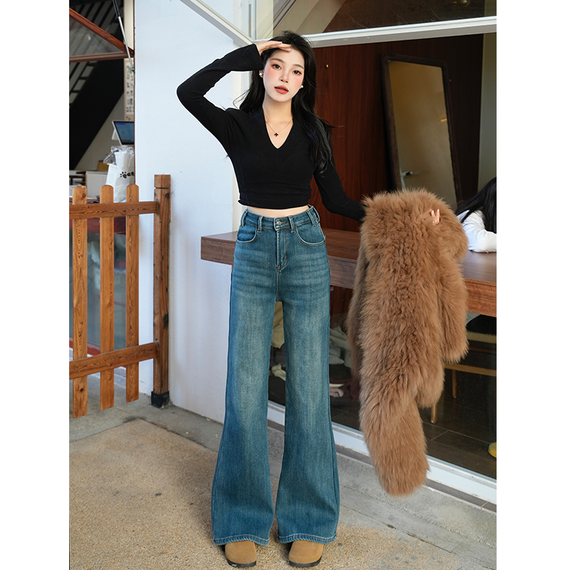 乔栈高腰微喇牛仔裤女秋季爆款刺绣宽松显瘦遮肉阔腿喇叭拖地裤子