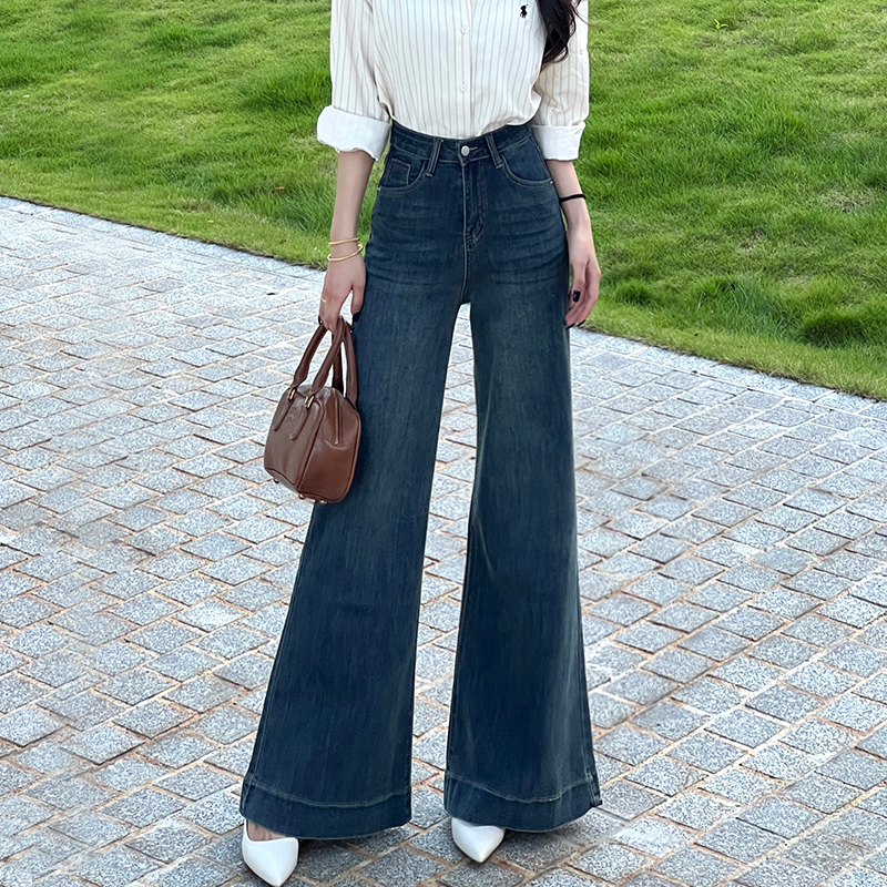 乔栈高腰阔腿牛仔裤女秋冬季新款喇叭宽松显瘦遮肉微喇时尚拖地裤