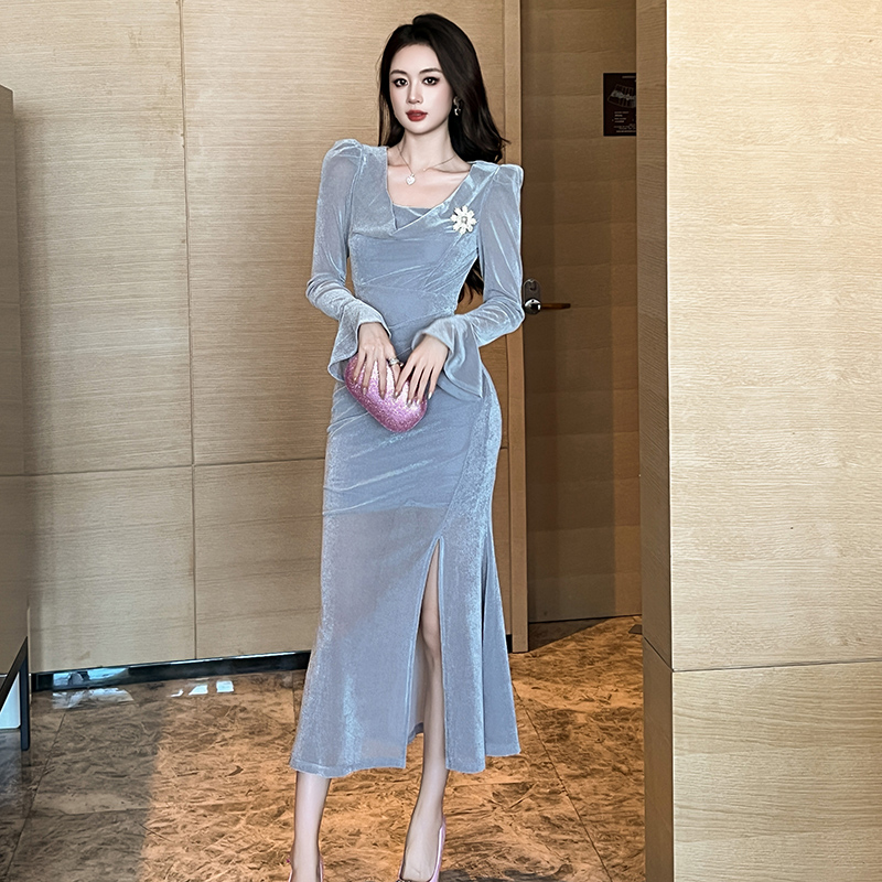 【设计师定制】时尚气质法式轻奢高级感修身显瘦银河灰连衣裙31013