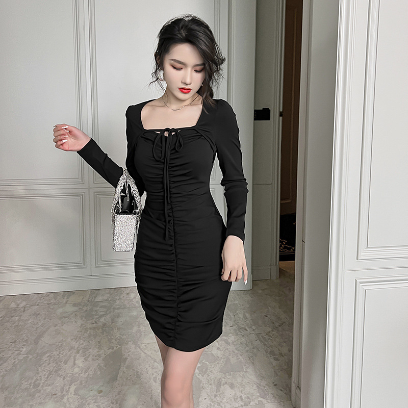 shopee跨境2023秋装新款女装性感系带褶皱包臀连衣裙辣妹短裙9455