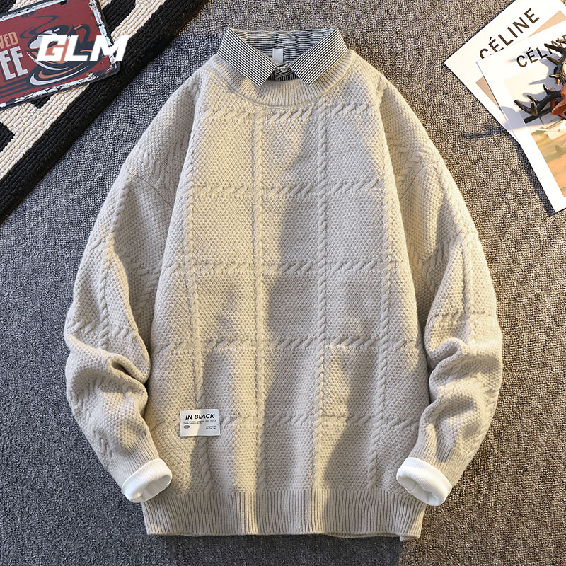 GLM秋冬衬衫领假两件潮流保暖宽松春秋套头带领毛衣 男针织衫外套