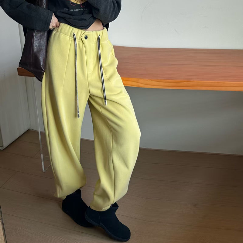 TTO28370新款抽绳松紧腰直筒裤加厚加绒弯刀裤阔腿卫裤女休闲裤子