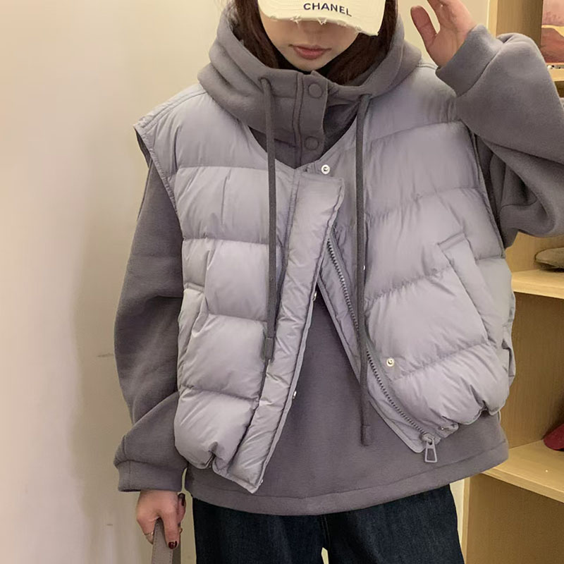 左芷新款韩版90白鸭绒立领羽绒马甲休闲加绒连帽卫衣两件套装5006