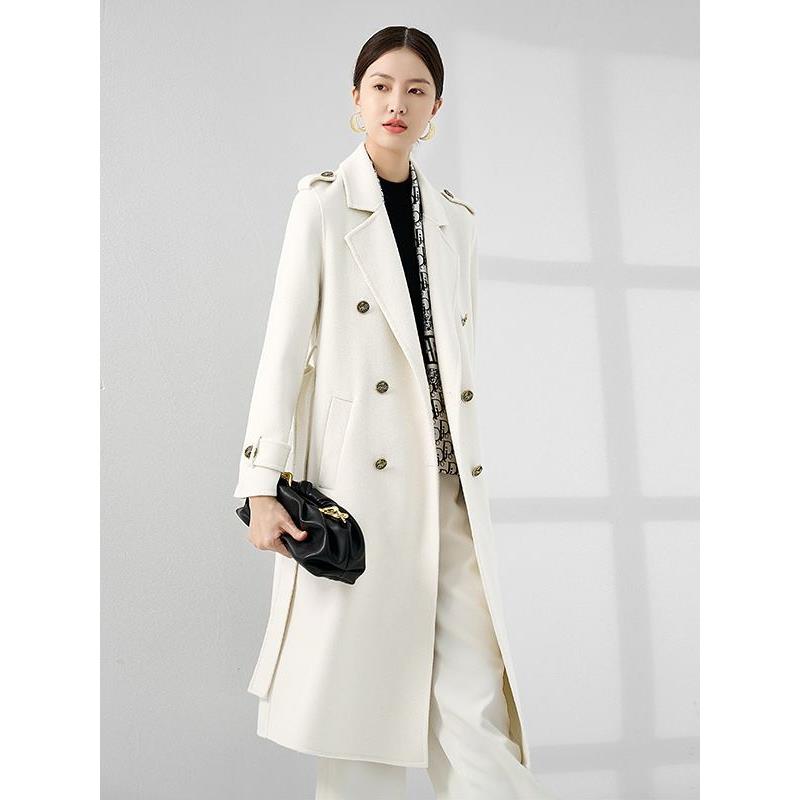 纯白色100纯山羊绒大衣女 双面羊绒中长款风衣款外套2023新款