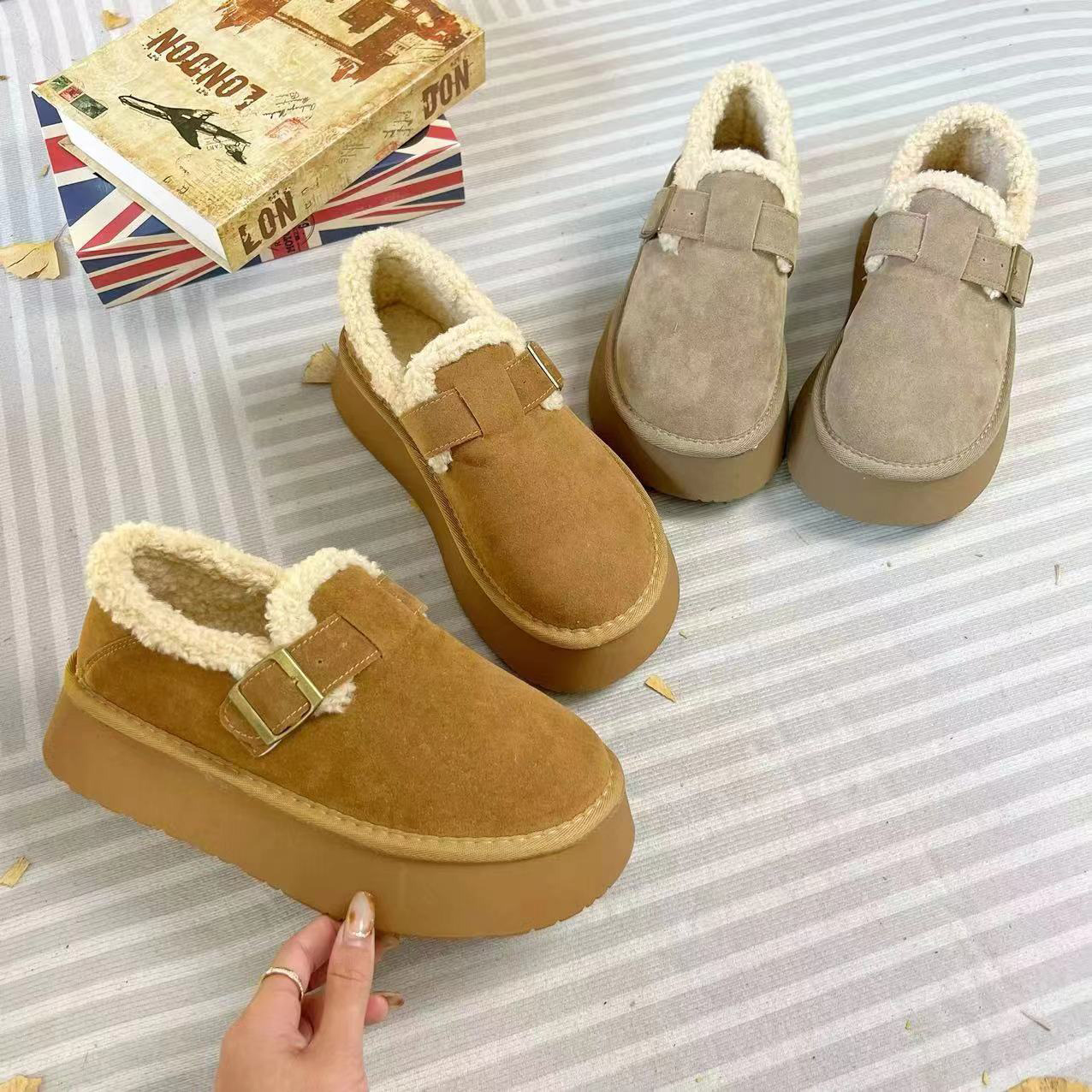 厚底勃肯鞋女秋冬季加绒毛毛鞋2023年新款一脚蹬保暖雪地靴棉鞋女