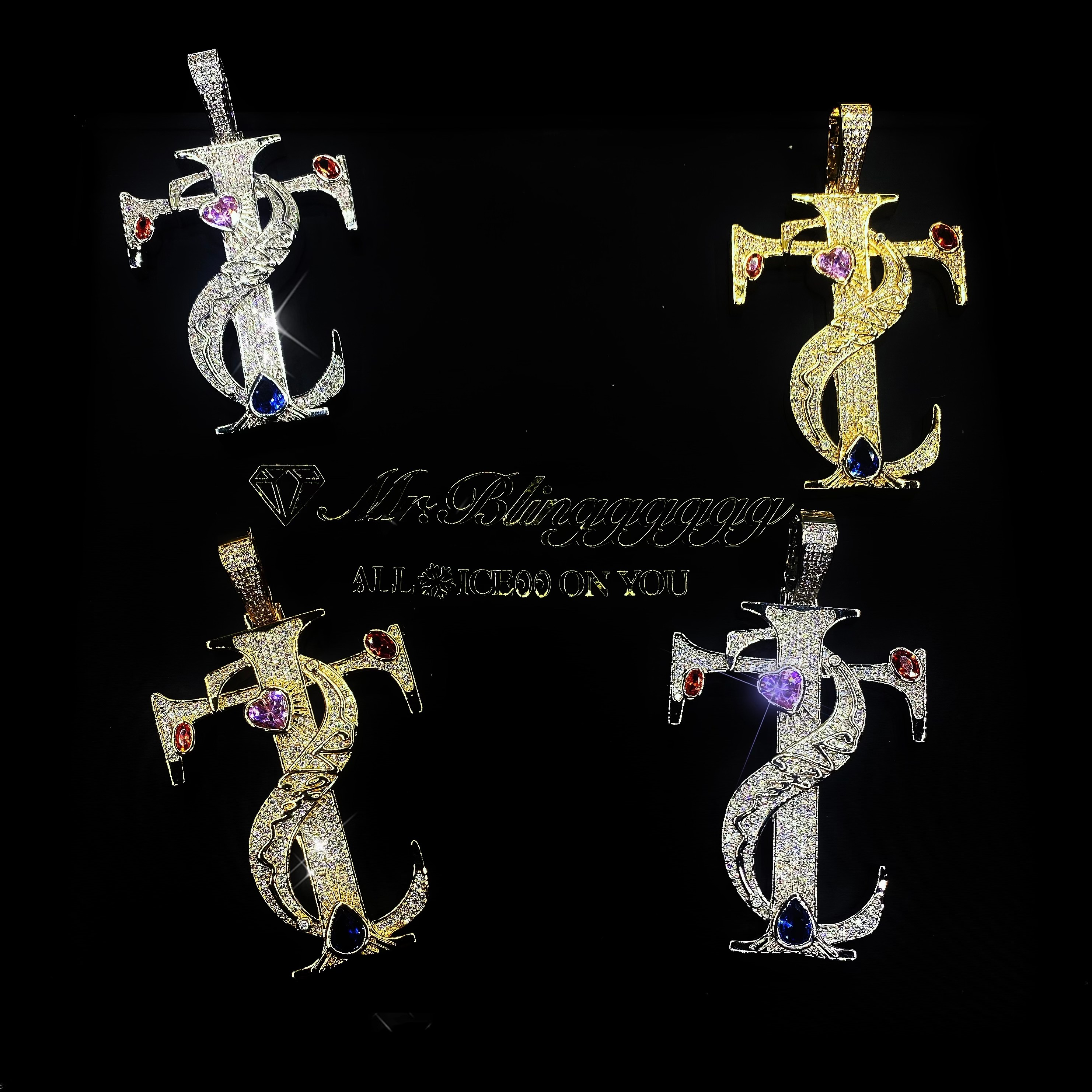 铜合金合成锆石吊坠 Mr.Blingggggg嘻哈满钻混合镶嵌ST十字架吊坠