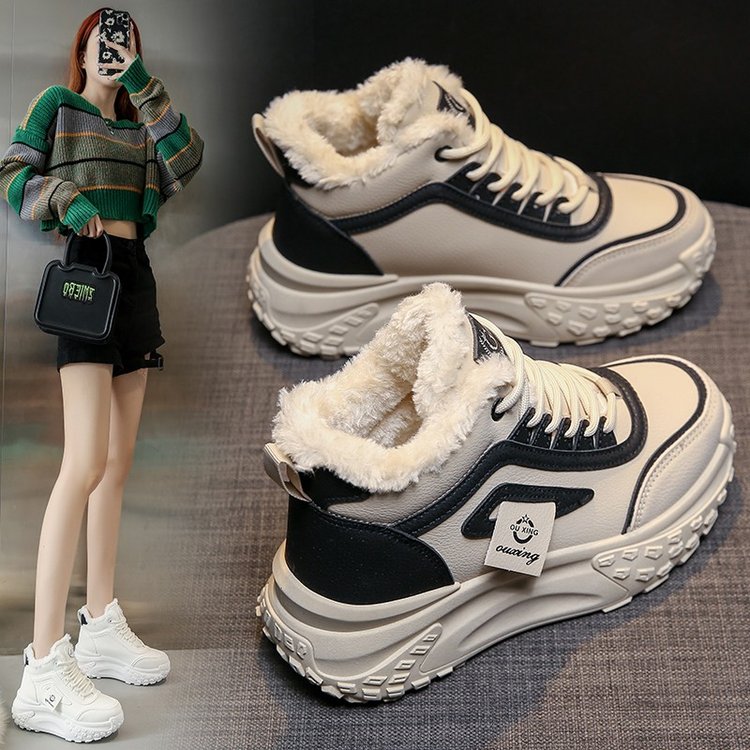 新款保暖高帮棉鞋女百搭休闲鞋厚底时尚防滑网红平底加绒加厚冬季