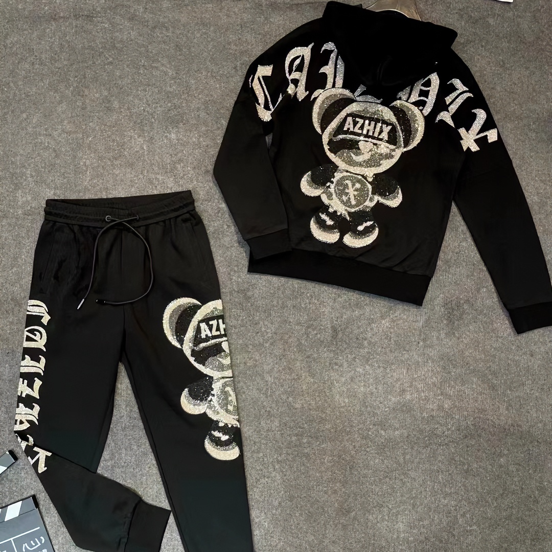 套装卫衣男士时尚休闲潮流重工花儿长袖网红轻奢连帽印花秋冬