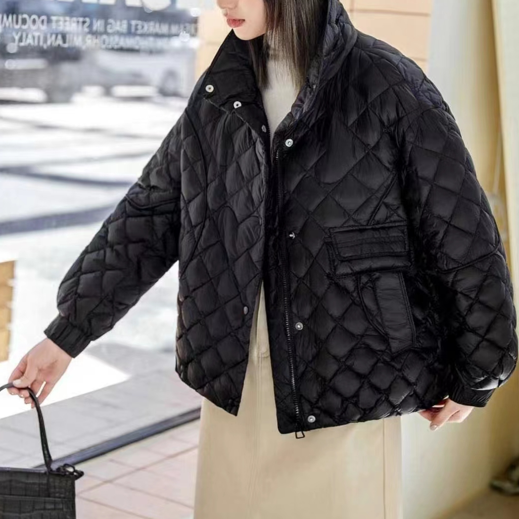 花花/82207-韩版菱形格轻薄简单百搭设计羽绒服外套