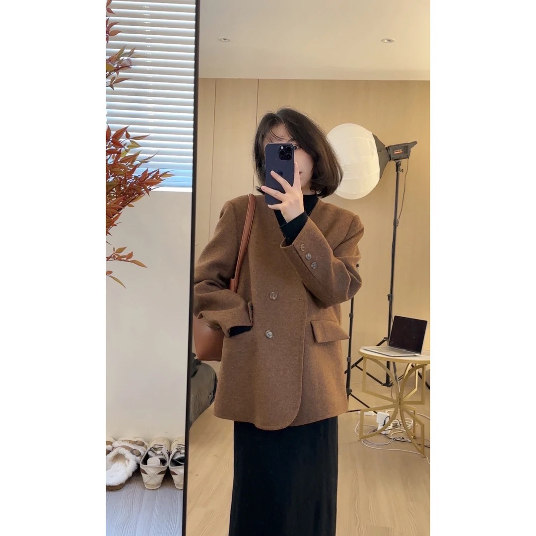 大鱼定制 冬季新款加厚羽绒西装外套90白鸭绒内胆羊毛呢子大衣