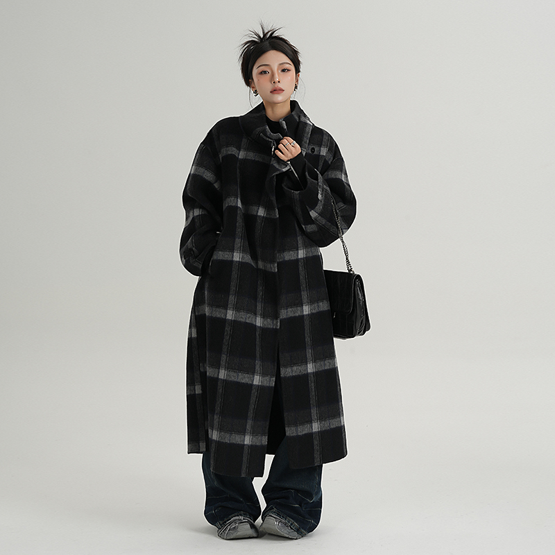 SRYS AME高级感冬天格子长款毛呢外套立领羊毛大衣呢子双面女冬装