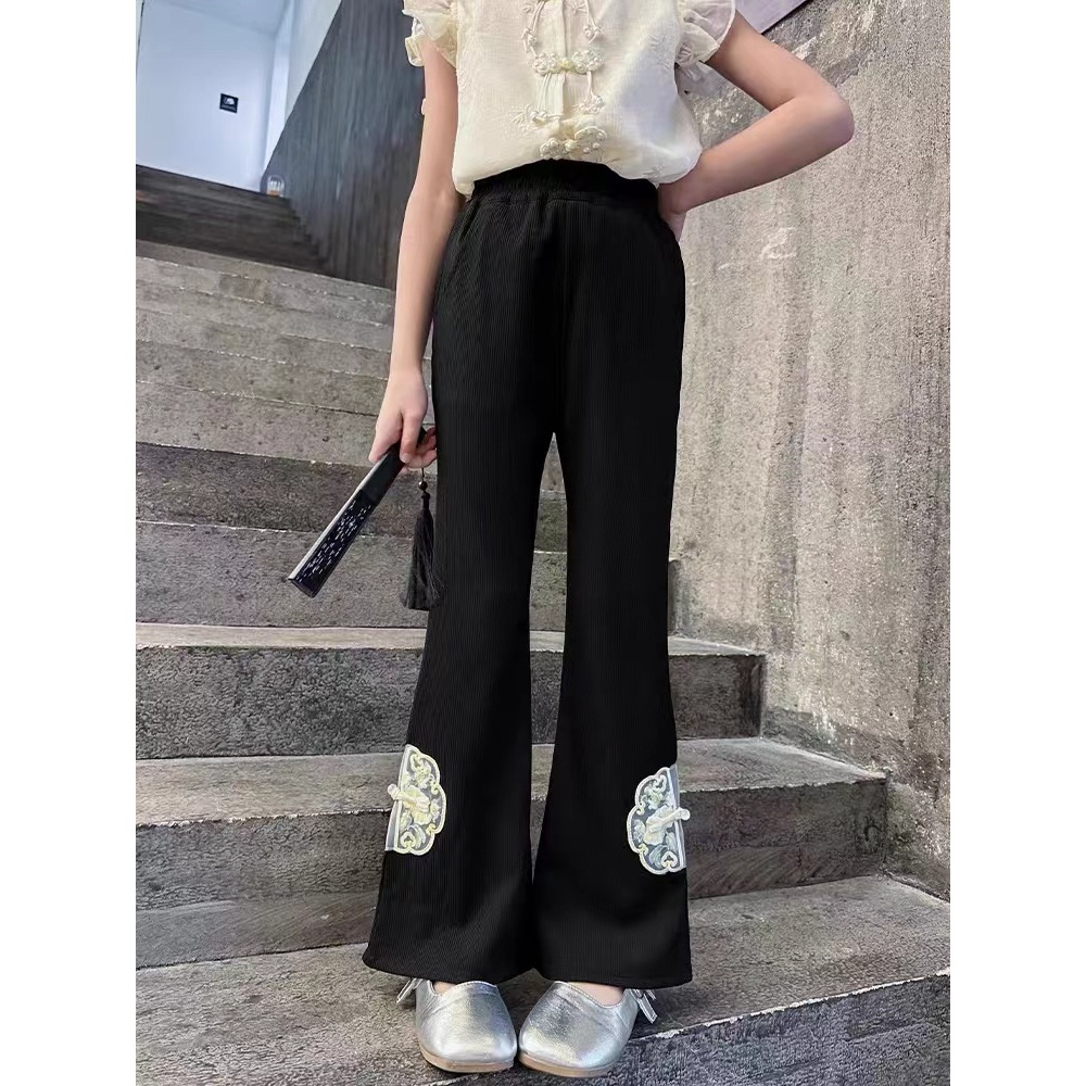 女童2024夏季新款国风刺绣高腰时尚喇叭休闲裤A1760