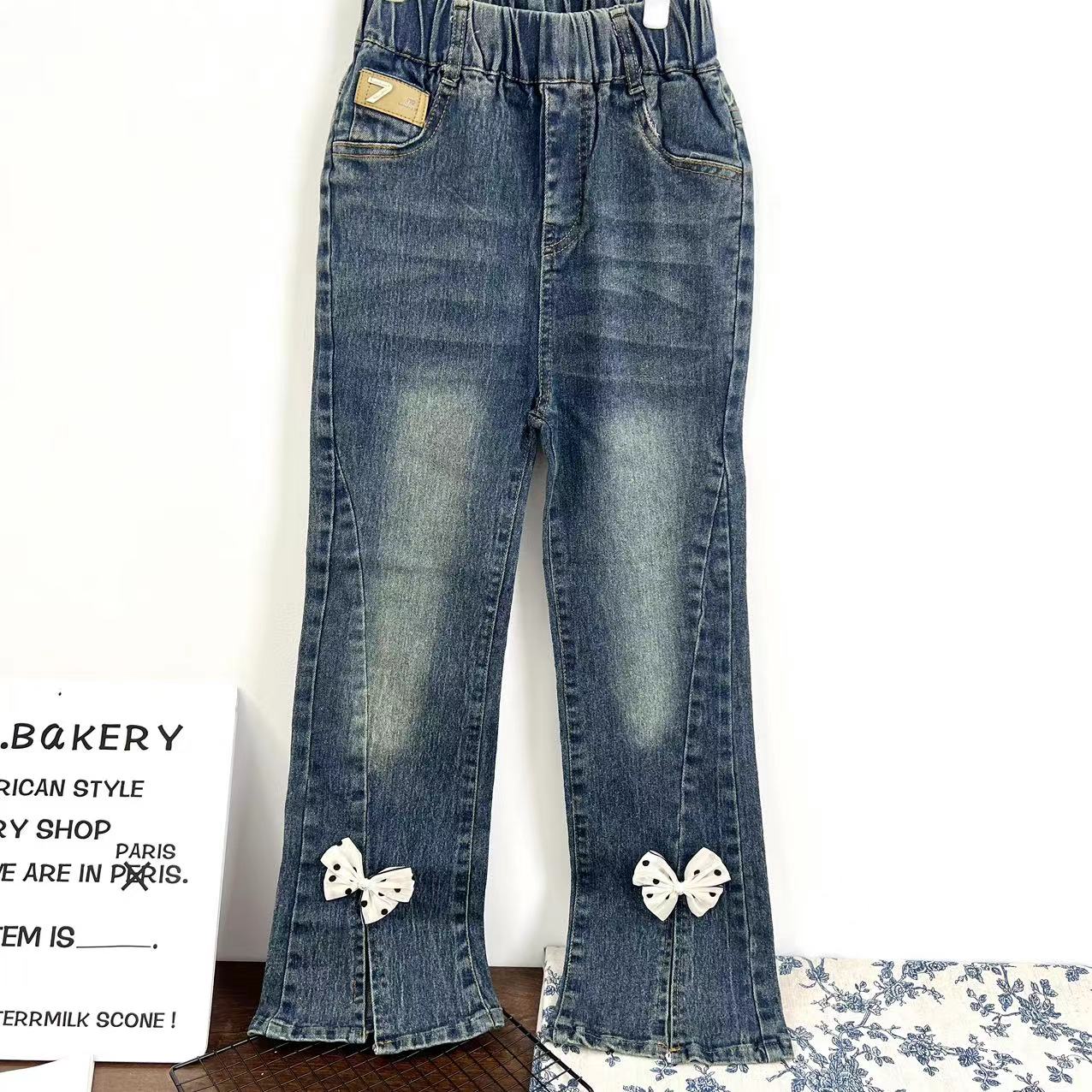 亲子2024秋季新款洋气弹力开叉牛仔裤A3438