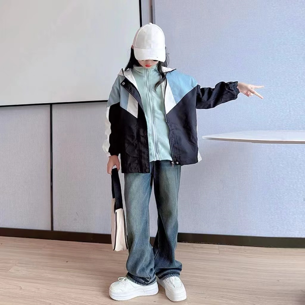 儿童2024秋季新款韩版时尚宽松拼色冲锋衣外穿风衣外套A3539