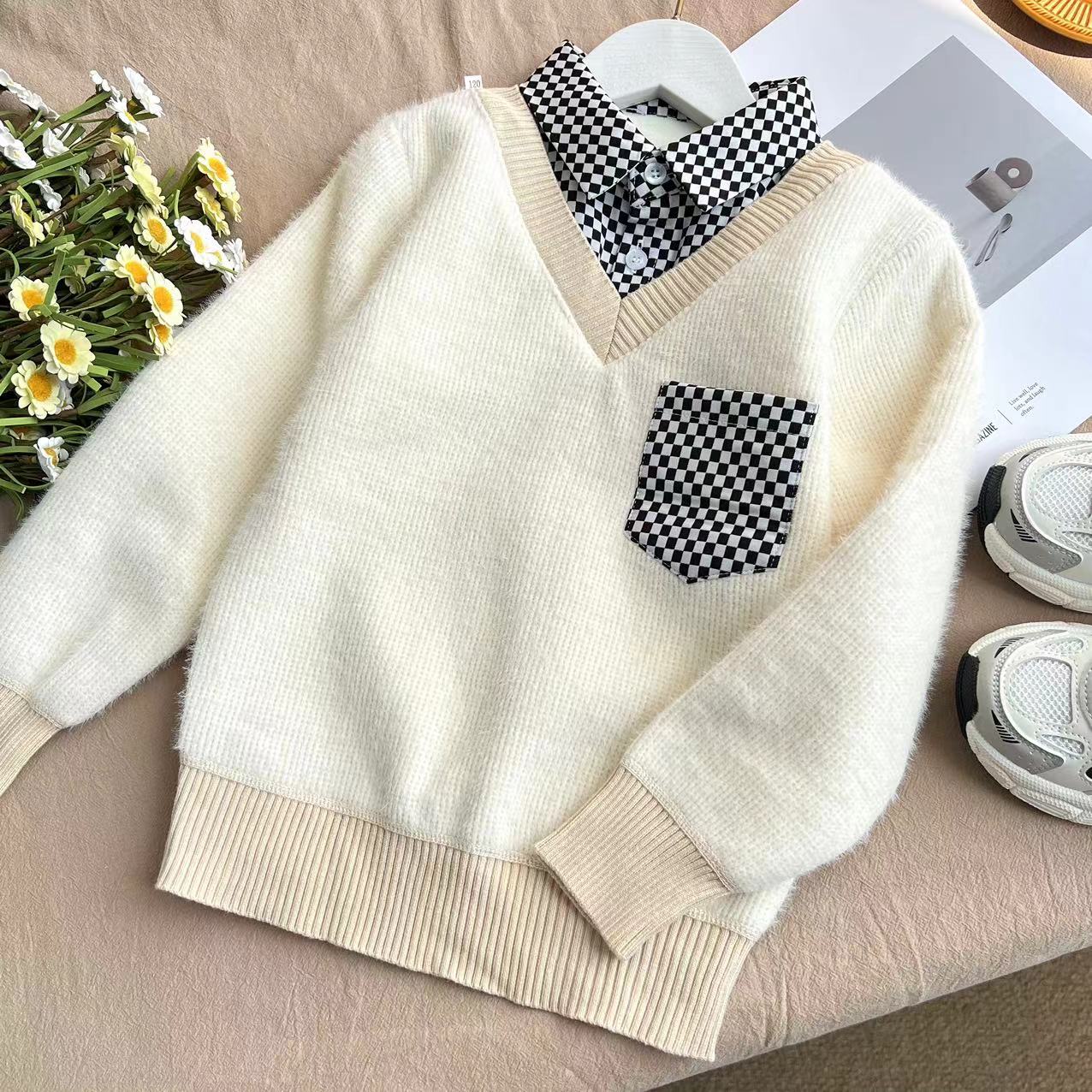 儿童2024秋冬新款洋气一体绒假两件毛衣A3262