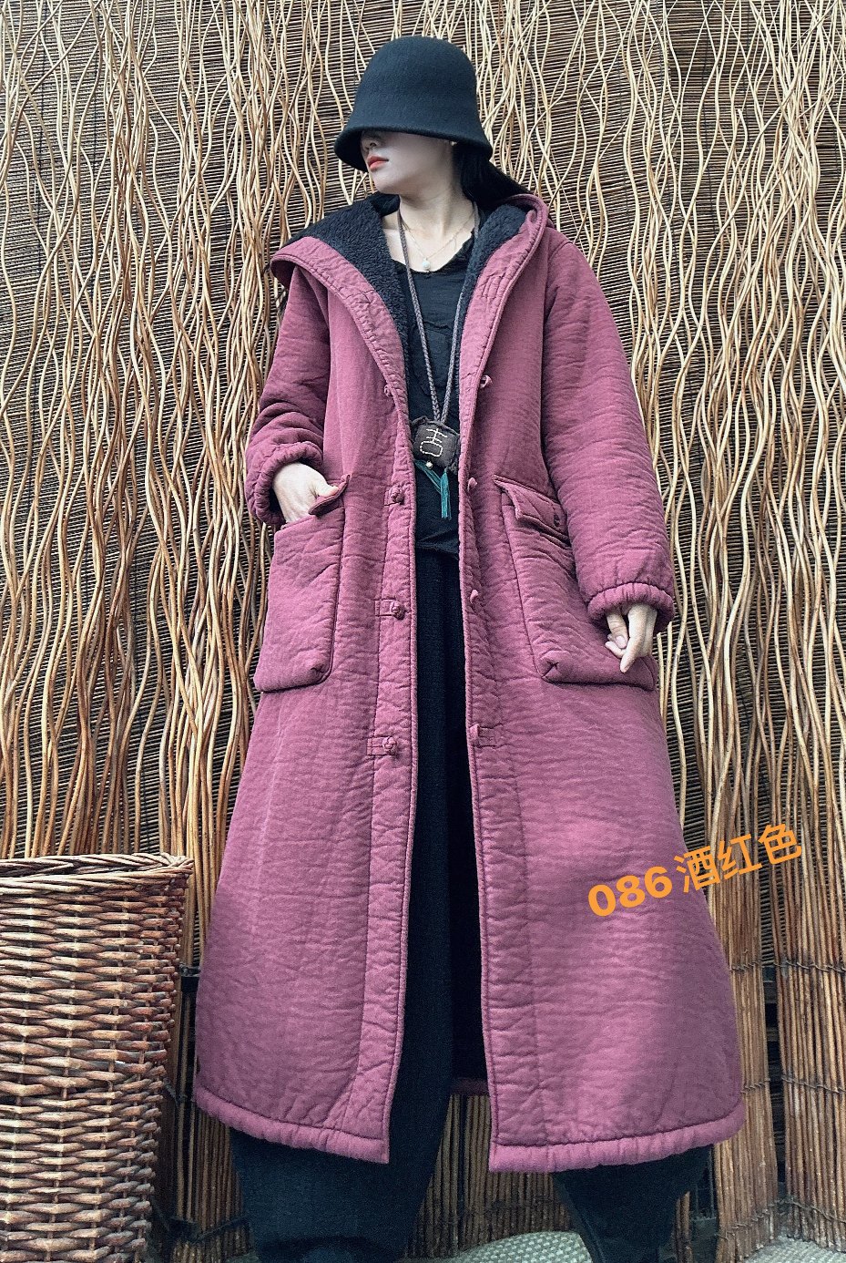 新款优雅时尚气质百搭棉麻料加厚绒复古宽松连帽大衣