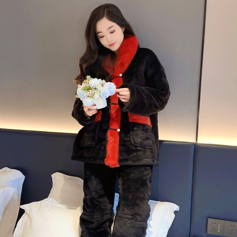 庆同新款三层夹棉女士甜美冬季加厚保暖百搭休闲珊瑚绒可外穿套装