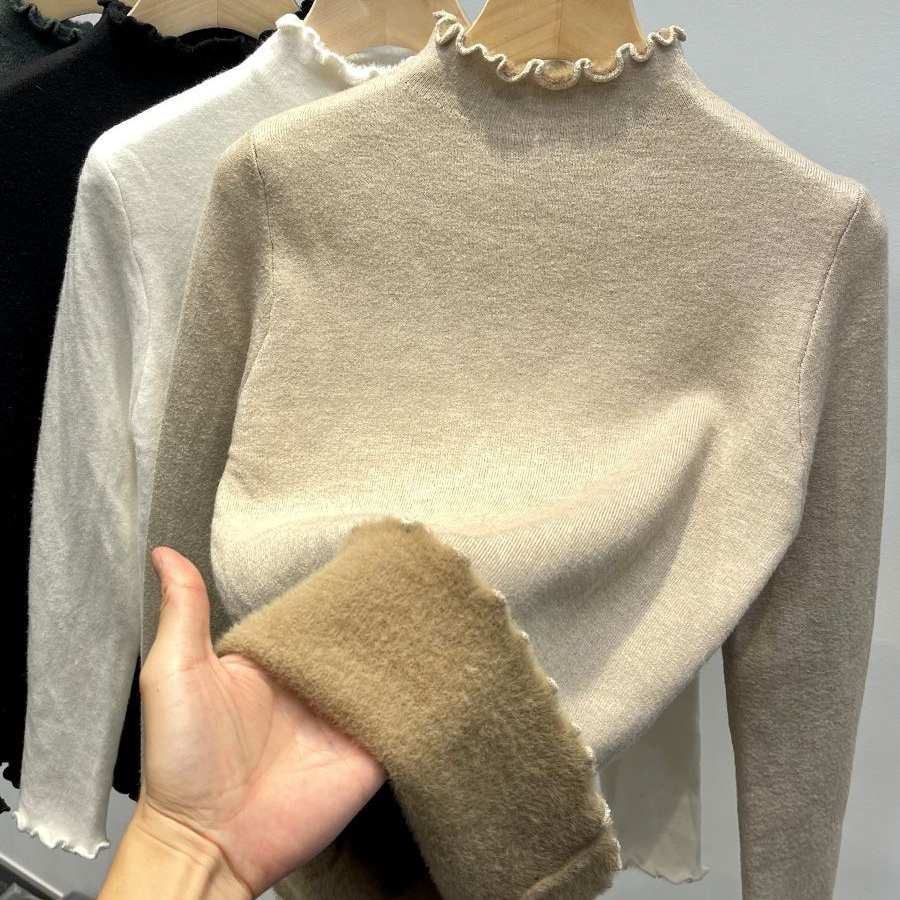 加绒水貂绒半高领木耳边毛衣女秋冬新款特厚保暖上衣一体绒打底衫