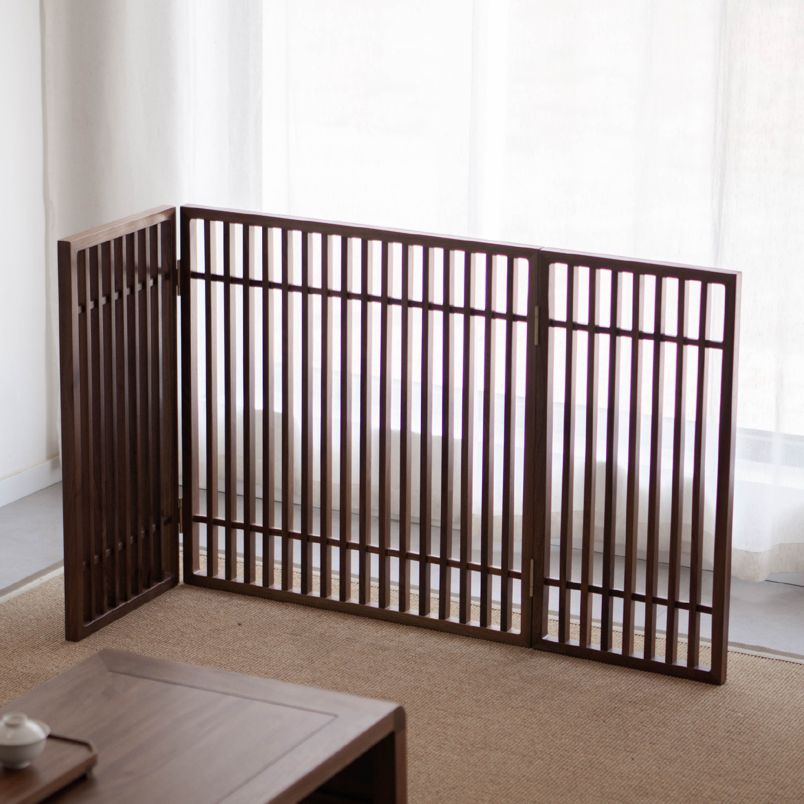 时间连续榻榻米屏风禅意新中式北美黑胡桃木茶空间隔栏隔断围栏
