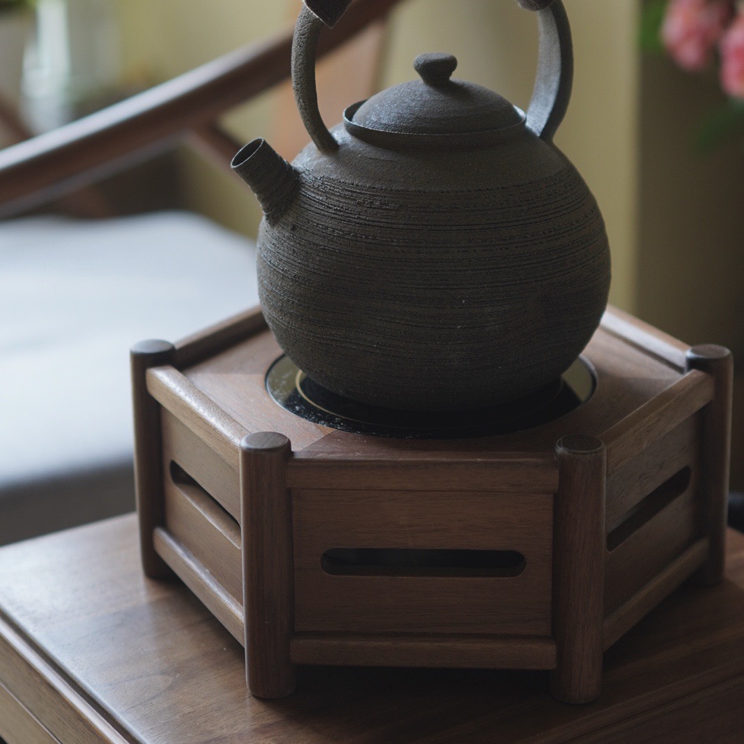 原创黑胡桃木陆角电陶炉茶室烧水煮茶炉新中式家用木质古风创意