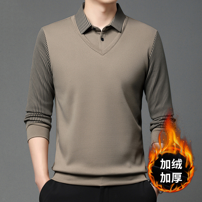 冬季加绒加厚毛衣男中年条纹长袖翻领针织衫保暖打底衫
