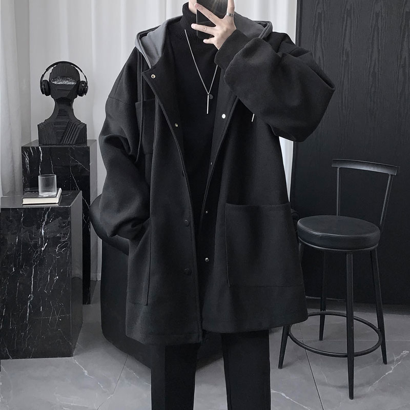仓石一树连帽外套男中长款潮牌冬季黑色宽松大码加厚毛呢大衣男生