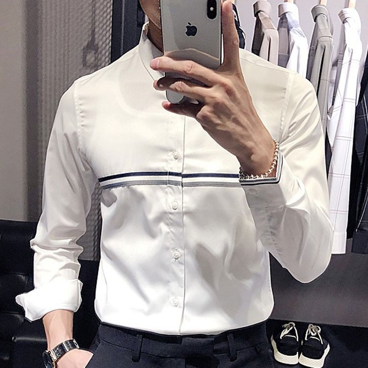 仓石一树高端轻奢商务白色条纹衬衫男夏季高级感绅士修身休闲长袖