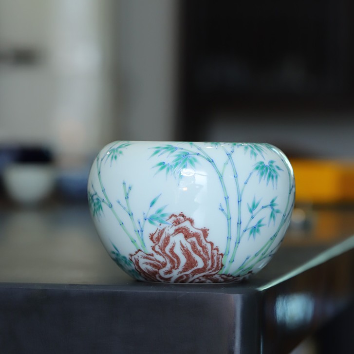 【神工妙造】小愚斋斗彩翠竹纹水洗 肚11 口7.5 高8.5cm  450ml